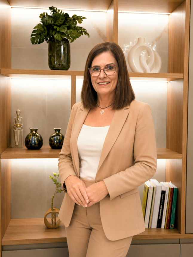 Silvana Lacerda, psicóloga, em pé, de terninho